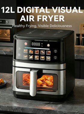 外贸airfryer12升彩屏可视化空气炸锅大容量不锈钢多功能美规110V