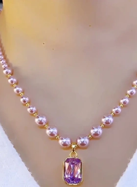 【下单立减五十】仿珍珠项链 时尚气质洋气百搭方糖紫色wQ