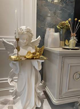 爱丽丝托 托盘小天使客厅玄关家居软装饰品覆古法式雕塑大号落地