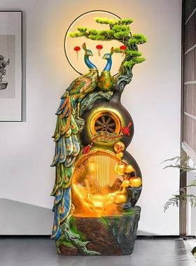 孔雀循环流水幕墙落地招财客厅玄关装饰流水生财乔迁新居开 业摆