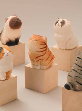 喵喵喵！手工木雕小猫摆件可爱桌面治愈系车载装饰品生日礼物