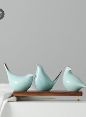 现代简约新中式陶瓷小鸟摆件根雕禅意创意摆件客厅动物装饰品桌面