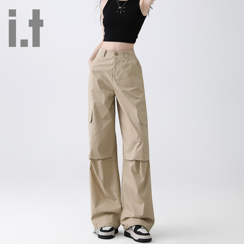 it ccaabb卡其色工装裤宽松阔腿高腰显瘦百搭直筒窄版休闲裤K - 图0