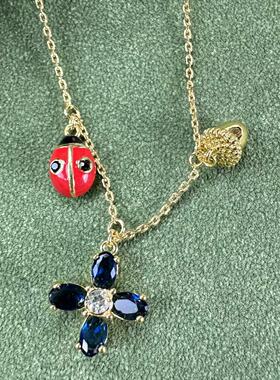 新款时尚甜美田园风镶嵌珐琅釉锆石花朵 松果  瓢虫多坠金属项链