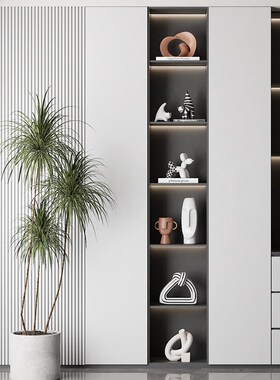 抽象艺术电视墙奶咖色雕塑酒柜样板房间侘寂风装饰品装