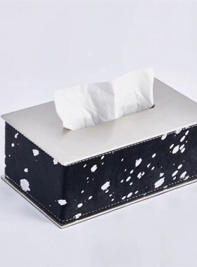 现代轻奢不锈钢马毛皮革纸巾盒创意样板间方抽纸盒餐桌茶几金属