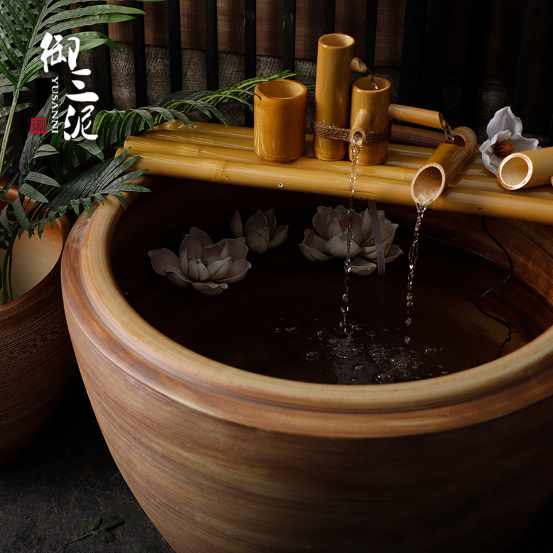 陶瓷粗陶手工大圆坛特大水缸棕木纹纹理线条鱼缸落地庭院园林,淘宝优惠券,粉丝福利购,淘宝优惠卷