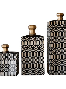 雨彤家居创意摆件现代风描金绘画陶瓷罐 家居客厅装饰摆件