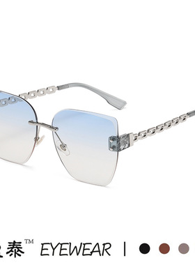 2024新款时尚太阳镜锁链镜腿大框复古墨镜无框切边高级感链条眼镜