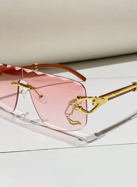 新款欧美连体猎豹装饰太阳镜波浪边无框金属木纹镜腿墨镜跨境