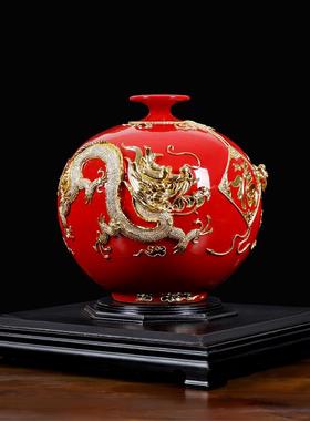 厦门漆线雕中国红陶瓷花瓶三龙聚首工艺品公司开业乔迁送礼品摆件