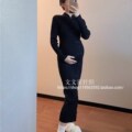 文文家针织秋冬女毛衣针织连衣裙孕妇装 黑色旗袍风内搭打底长裙子