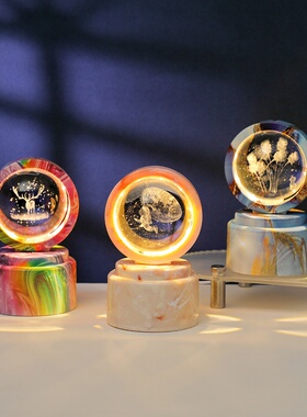 跨境旋转3d内雕水晶球发光小夜灯卧室家居桌面摆件氛围灯礼品