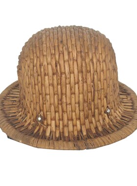 老物件旧斗笠年代矿工工人安全帽竹编帽矿灯复古装饰道具摆件