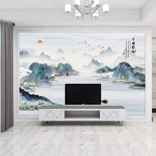 新山水电视背景壁纸办公室书房水墨意境装饰壁画客厅墙纸 - 图0