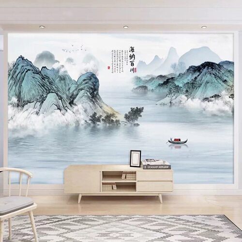 新山水电视背景壁纸办公室书房水墨意境装饰壁画客厅墙纸 - 图2