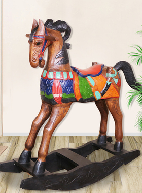 泰国创意木雕彩绘儿童实木摇摇马木马家居店面装饰摇