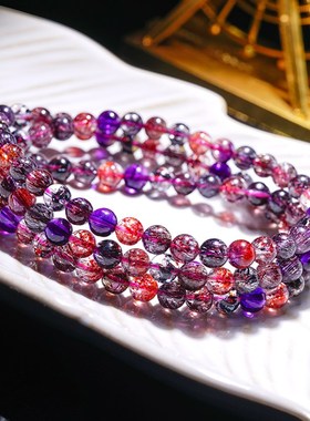 天然黑加仑彩超七手链女三圈单圈金草莓云母片骨干满发丝紫红手串