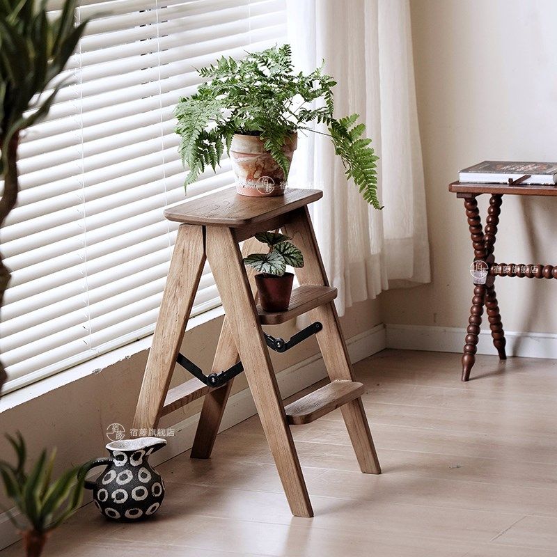 宿藤全实木榆木梯凳家用台阶脚踏梯子两用架边几三步梯,淘宝优惠券,粉丝福利购,淘宝优惠卷