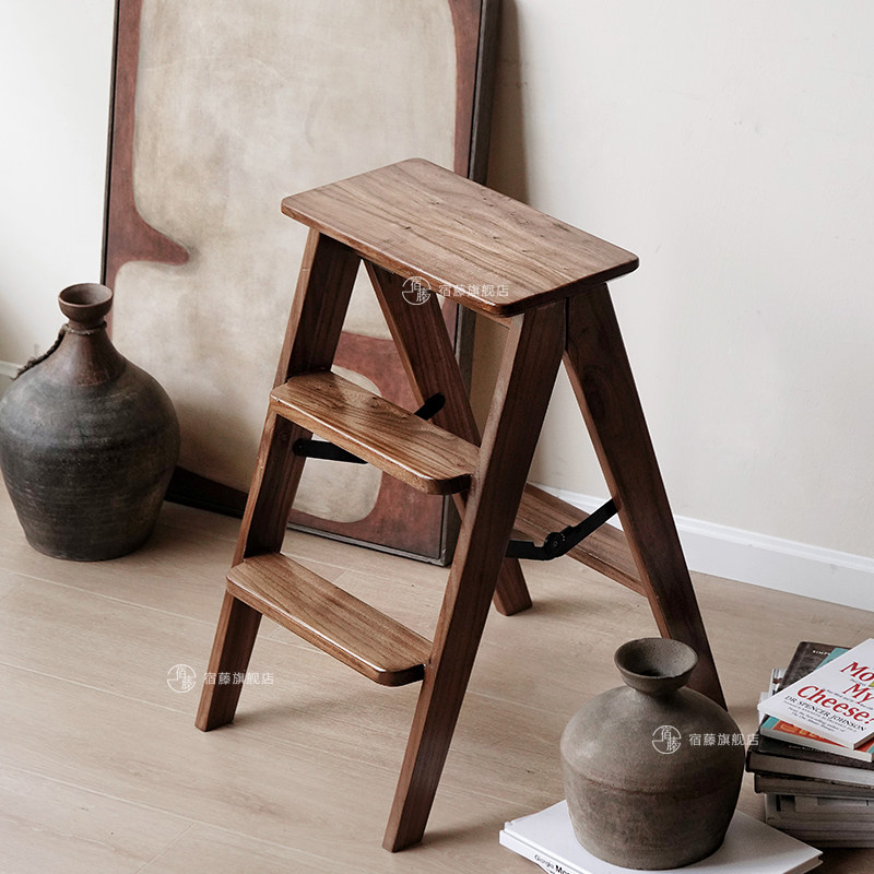宿藤全实木榆木梯凳家用台阶脚踏梯子两用架边几三步梯,淘宝优惠券,粉丝福利购,淘宝优惠卷