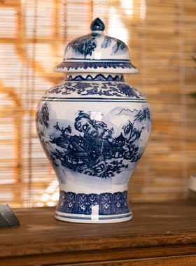 景德镇中式青花瓷陶瓷花瓶摆件山水画陶瓷花瓶家居装饰品不带密封