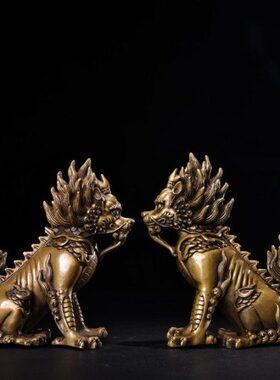 古玩收藏纯铜麒麟一对家居玄关装饰工艺品瑞兽祥瑞麒麟铜摆件