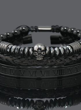 Black Stone Hematite Beads Men Skull Crown Leopard Head