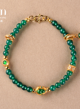 KISSMORE/琛墨葫芦玉满福满原创天然翡翠手链纯银镀金绿玛瑙手串