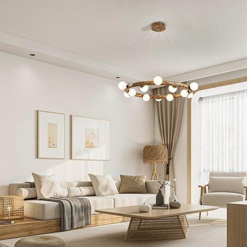 侘寂风日式客厅吊灯 复古民宿卧室餐厅吊灯艺术创意圆形树枝灯具 - 图0