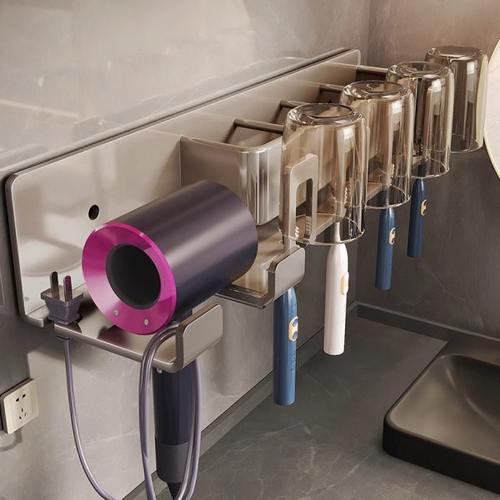 鑫馨园牙刷架子置物架吹风机支架卫生间浴室洗漱台壁挂免打孔收纳 - 图0