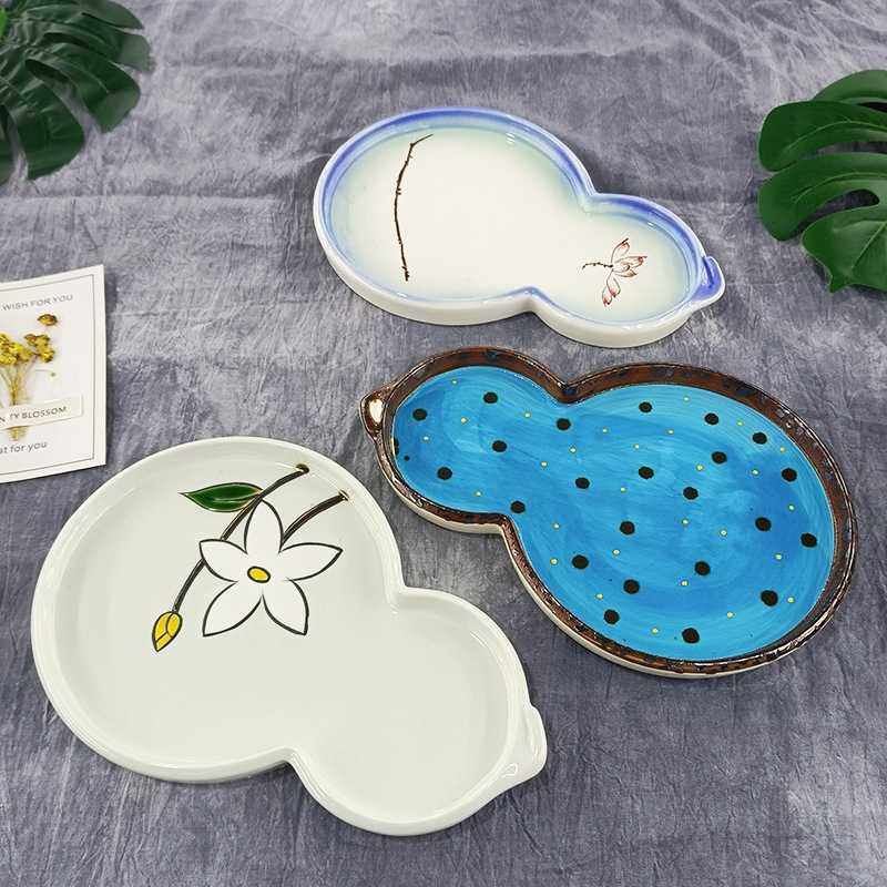 日式料理餐具手绘陶瓷葫芦形盘子菜盘寿司刺身盘点心餐盘网红创意,淘宝优惠券,粉丝福利购,淘宝优惠卷