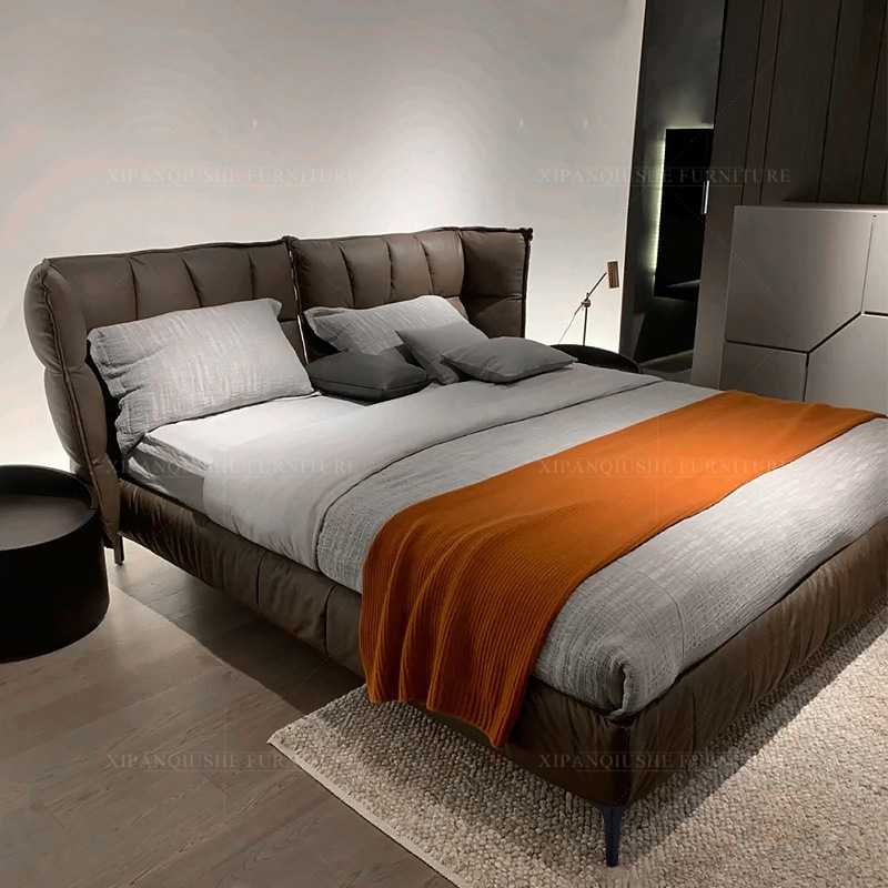 北欧极简真皮床主卧现代简约风格意大利高端卧室软包床1.8米皮床 - 图1