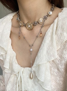 宫廷风轻奢高级感项链女雅典娜甜酷珍珠流苏双层辣妹风颈链配饰潮