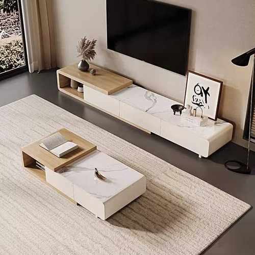 新款岩板茶几电视柜组合可伸缩原木色奶油风现代简约家用小户型 - 图1