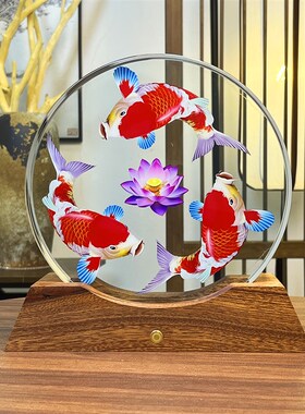 内雕圆形客厅高i级感艺术品摆件酒柜大红公鸡水晶装饰品结婚送礼