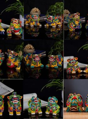 客厅陶瓷艺术品摆件纯手工交趾陶彩陶镇宅僻邪七彩貔貅Z对狮子麒