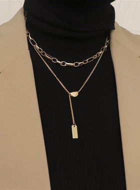 因缺斯汀法式复古双层叠戴金属链条秋冬bi备项链毛衣链百搭冷淡风