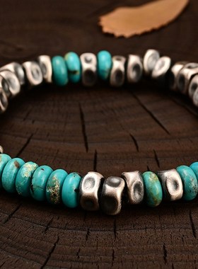 破银覆古堆叠8毫米手工打银盘包裹925银高K级绿松石手炼嘻哈男子