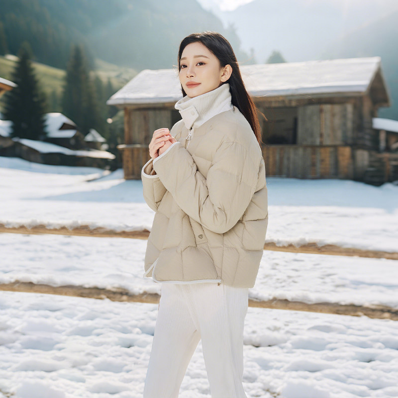 坦博尔饼干羽绒服女翻领秋冬季新品衬衫领时尚撞色灯芯绒拼接外套