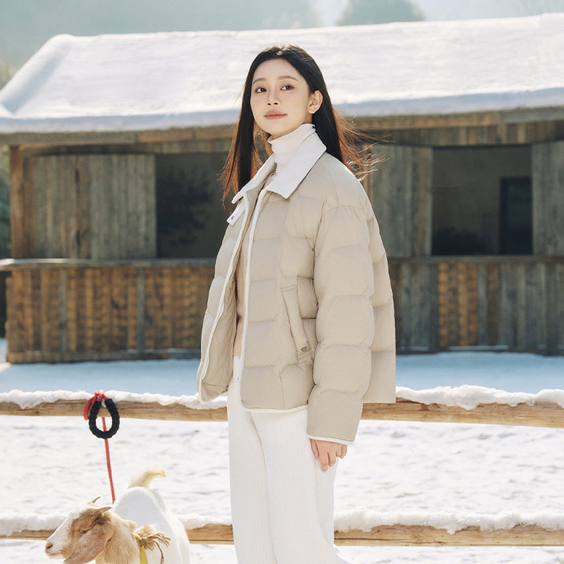 坦博尔饼干羽绒服女翻领秋冬季新品衬衫领时尚撞色灯芯绒拼接外套