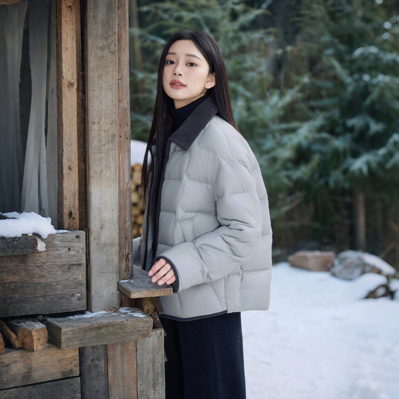 坦博尔饼干羽绒服女翻领秋冬季新品衬衫领时尚撞色灯芯绒拼接外套