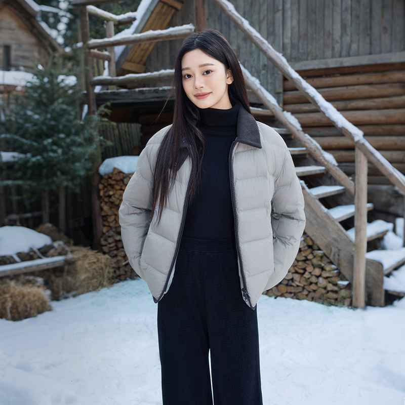 坦博尔饼干羽绒服女翻领秋冬季新品衬衫领时尚撞色灯芯绒拼接外套