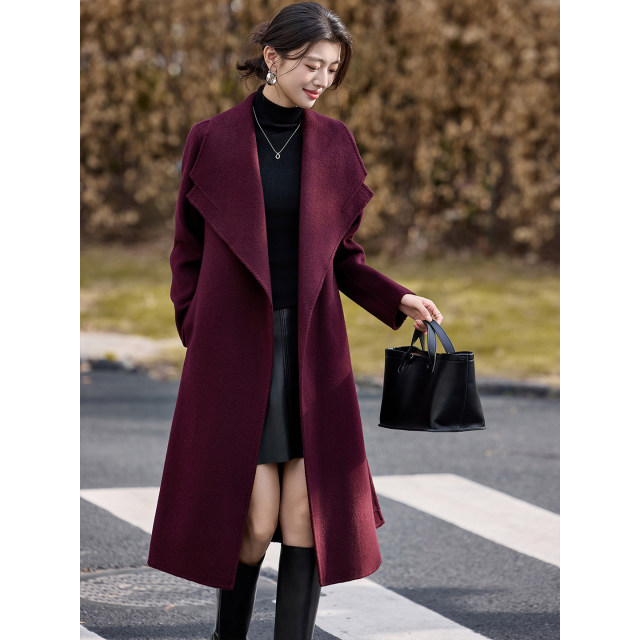水沐飞高级感酒红色双面羊绒大翻领毛呢大衣女秋冬中长款羊毛外套