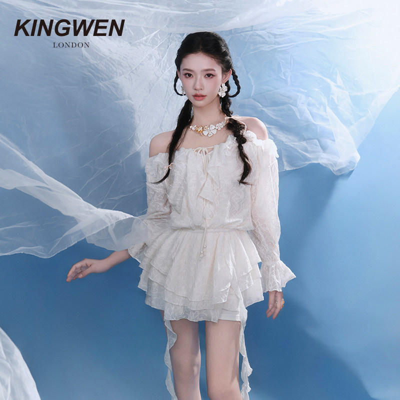 【林允同款】KINGWEN25秋季连衣裙女一字肩不规则丝带连身中短裙,淘宝优惠券,粉丝福利购,淘宝优惠卷