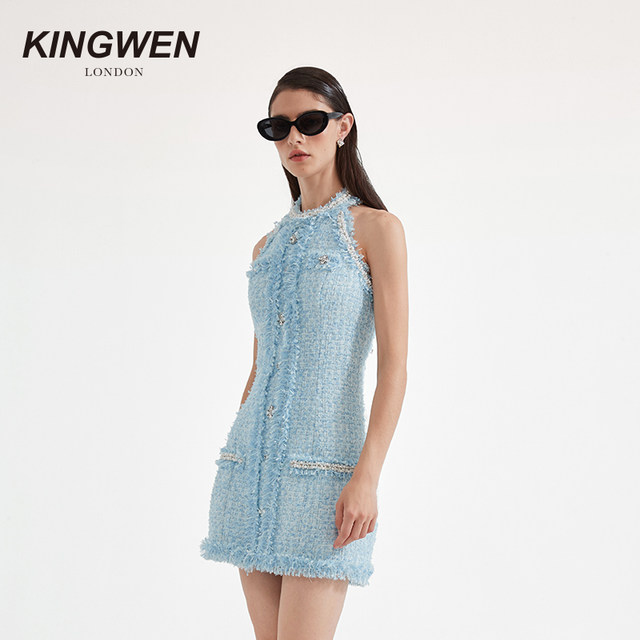 KINGWEN halter neck beaded tweed dress