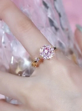 高级感抖音爆款轻奢m时尚旋转气质粉色戒指超闪满钻开口指环个性