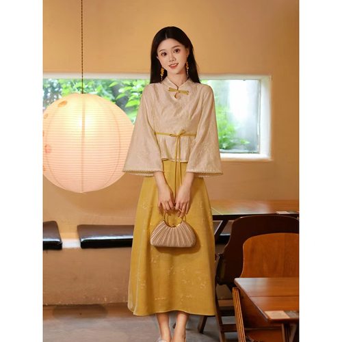 瑶西【听月】金色半裙刺绣立领上衣秋天汉服新中式收腰裙子两件套 - 图0