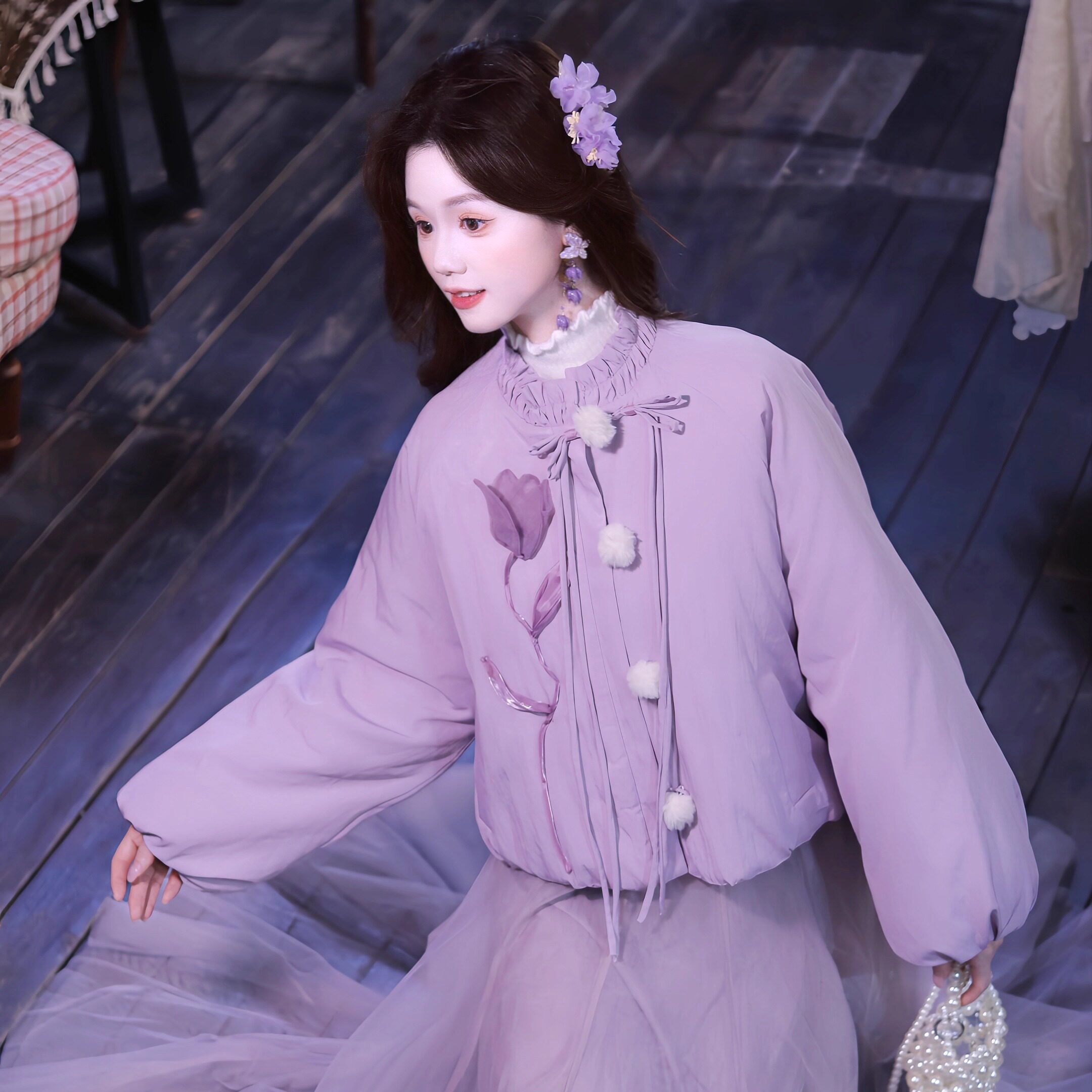 瑶西【紫郁金香】冬季立体毛球郁金香厚外套仙雾紫加绒半身裙套装,淘宝优惠券,粉丝福利购,淘宝优惠卷