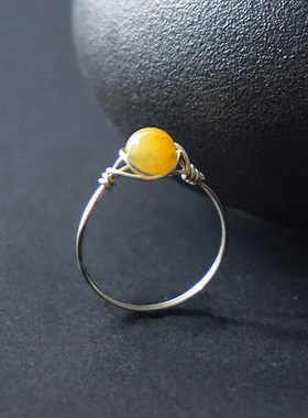 【招财转运】黄玉999足银手工戒指女J细款胖手大号小指简约尾戒