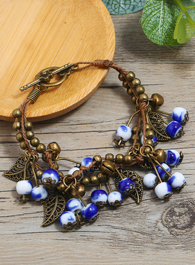 复古森系文艺小清新樱桃手链女民族风硕果流苏陶瓷U手绳手工配饰